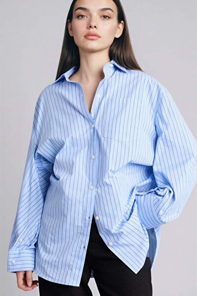DeFacto Oversize Shirt Collar Striped Poplin Long Sleeve Shirt G9788Ax26Sp