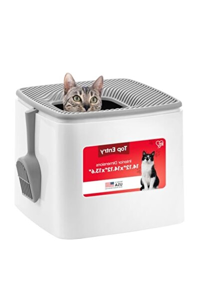 markentegra Büyük Boy Üst Girişli Kedi Kumu Kutusu - Beyaz/Gri