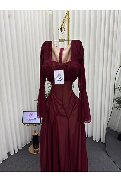Bailsan Burgundy chiffon midi dress with long sleeves