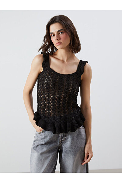 LC Waikiki Πλεκτή μπλούζα LCW Vision με λαιμόκοψη U και διάτρητο βολάν