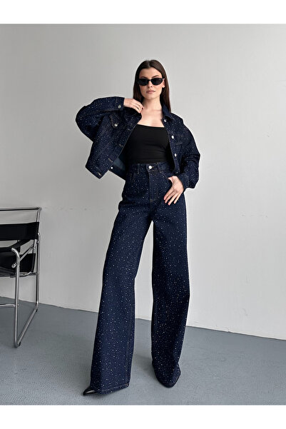 FERZOLAİO Taşlı Kot Ceket Pantolon İkili Takım