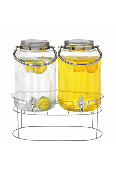 HOME AURAA ORCHID DUAL 4L GLASS DISPENSER WITH METAL HANDLE AND STAND