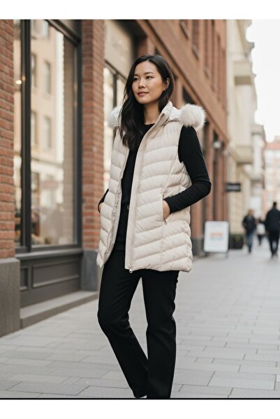 modayiğit Kadın kürk kapüşonlu şişme şık yelek