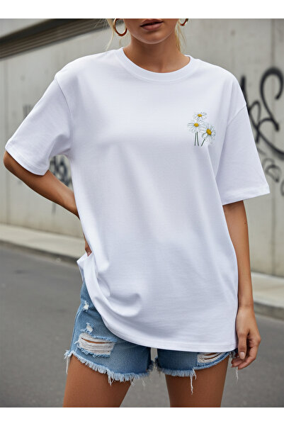 ship master Tricou de damă alb cu imprimeu Daisy, 100% bumbac, oversize, basic