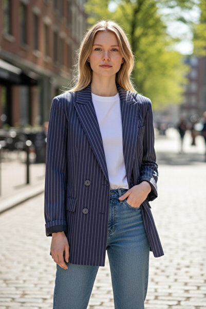 modayiğit Kadın lacivert çizgili bol kesim blazer ceket