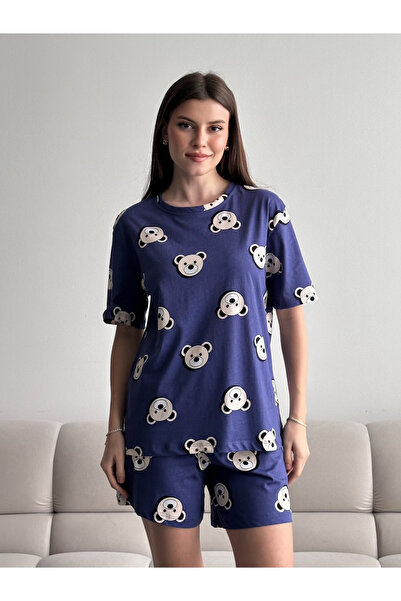 FERZOLAİO Teddy Bear Patterned Navy Blue Pajama Set