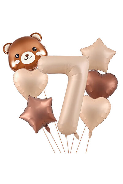 Bunloon Caramel Color 7-Piece Foil Balloon Set with 7-Year-Old Teddy Bear Theme