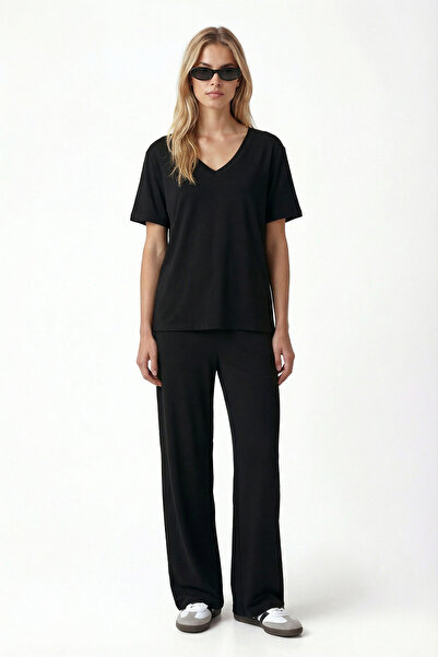 Ritnice Women's Elya Modal Touch V-Neck Black Top and Bottom Set with Elastic...