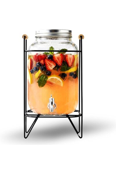 YANEK 4 Litre Glass Drink Dispenser with Metal Stand & Stainless Steel Spigot