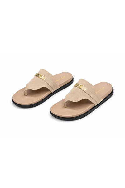 mothers dream Luxury Suede Thong Slide Sandals with Gold Accent