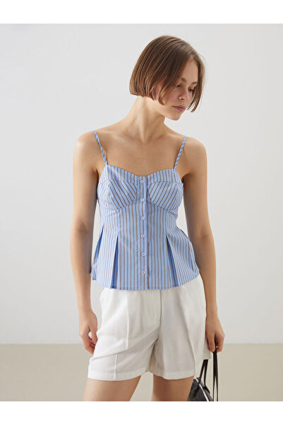 LC Waikiki Vizyon New Season Heart Collar Striped Pleated Poplin Blouse