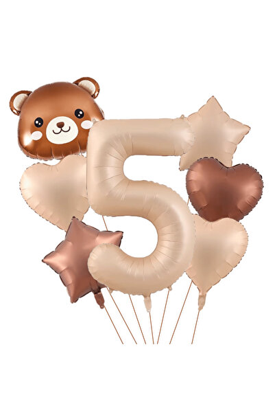 Bunloon Caramel Color 5 Year Old Teddy Bear Themed 7 Piece Foil Balloon Set