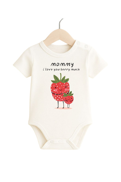 babytex Mommy Written Strawberry Patterned Baby Bodysuit 100% Cotton Short Sl...
