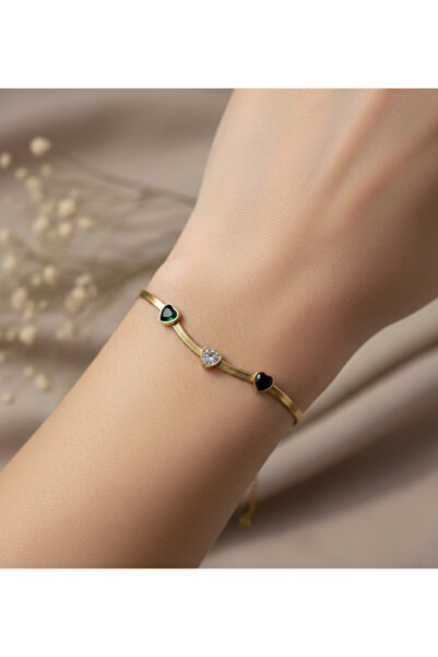 stainless steell سوار من الفولاذ بلون ذهبي مع سلسلة ونقش قلب شفاف/أسود