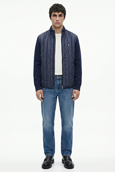 Sementa High Collar Quilted Knitwear Coat with Pockets - Navy Blue