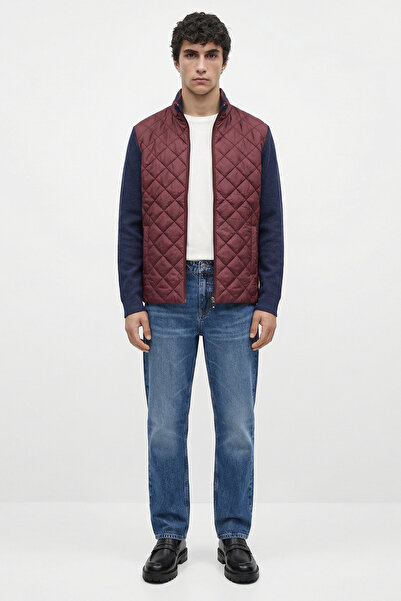 Sementa High Collar Quilted Knitwear Coat with Pockets - Claret Red - Navy Blue