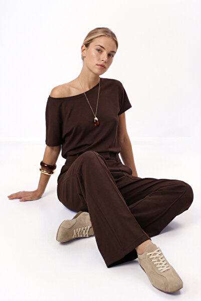 Ritnice Women's Zeny Modal Touch Boat Neck Elastic Waist Pocketed Brown Top a...