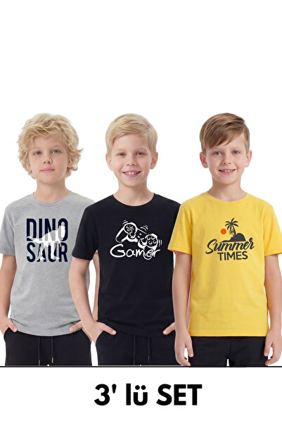 YA KO KİDS Σετ 3 αγορίστικων μπλουζών με λεπτομέρεια εκτύπωσης και σχέδιο ποδ...