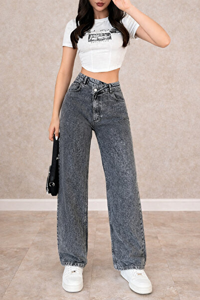 Modanewnice Cross-Buttoned High-Waisted Women's Gray Jeans