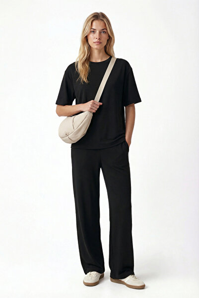 Ritnice Women's Elix Modal Touch Crew Neck Elastic Waist Pocketed Black Top a...