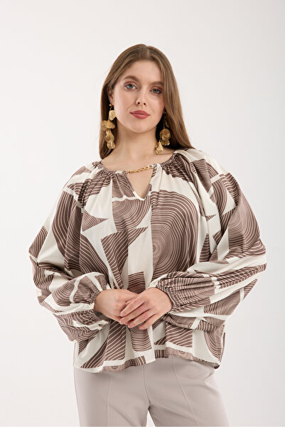 Moda Days Bluză de damă din satin, cu mâneci raglan, Mink Gold, cu cu accesor...