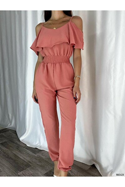 Modafeminen Dusty Rose Strap Ruffle Stylish Jumpsuit 582123