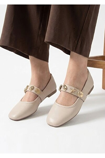 Nstil Daily Women's Beige Ballerina Shoes with Straps and Gold Buckle, Silent...