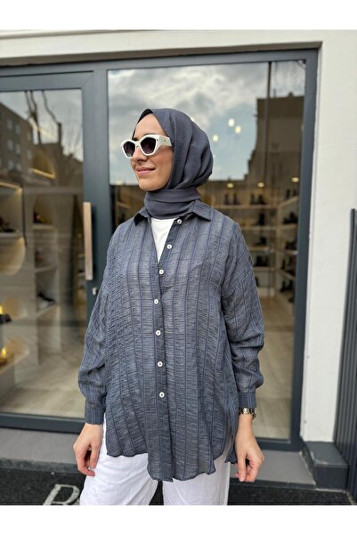 Almarwah Black 101006 Kendinden Desenli Kadın Gömlek Mavi