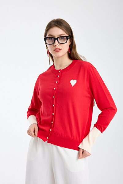 Moda Days Women's Red Wide Cuff Pearl Buttoned Knitwear Cardigan