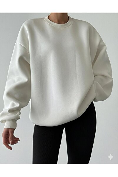 CAST COLLECTİON Women's White Crew Neck Oversize Sweatshirt