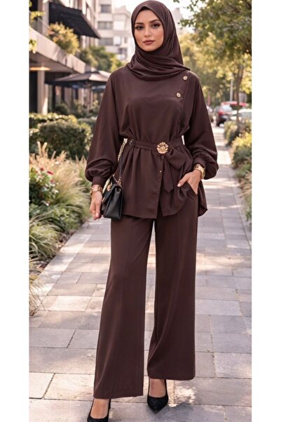 W WARGA Kruvaze Kolu Volanli Buckle-Attached Tunic with Pants Suit