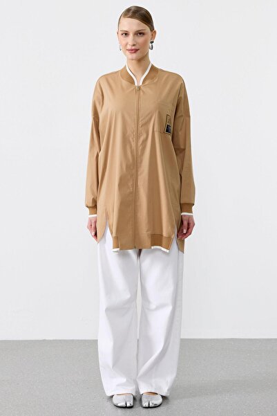 Tığ Triko Ribanaları Çizgili Cebi Aksesuarlı Fermuarlı Gömlek CAMEL