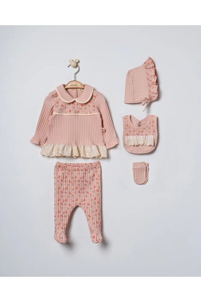 MİNİBORN 100% Cotton Heart Flower Pattern Scalloped Baby Girl Set of Five