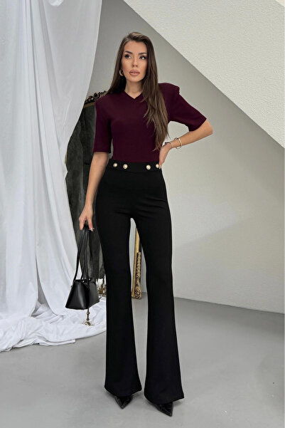 Mine Tan Butik Испански Paça Gold детайлни събрани дамски клинчета - черни