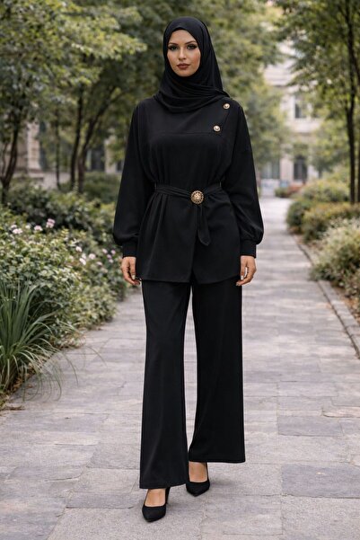 W WARGA Kruvaze Kolu Volanli Buckle-Attached Tunic with Pants Suit