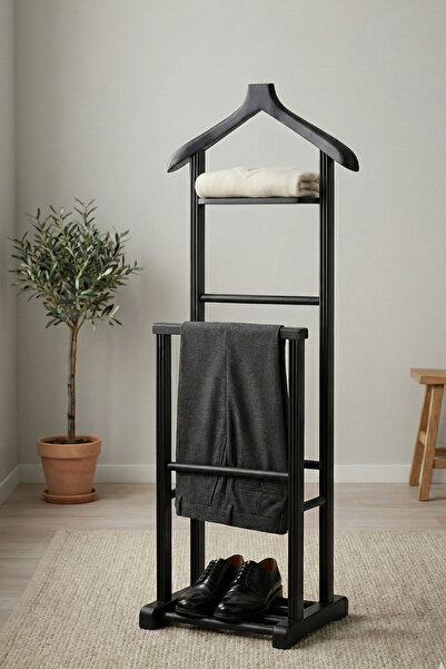 Woodenbend Servant Siyah Çiftli Dilsiz Uşak 50x34x130 cm Ahşap Elbise & Ceket...