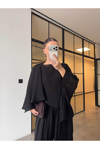 BB Bensu Buyruk Transparent Blouse with Cape Detail Black