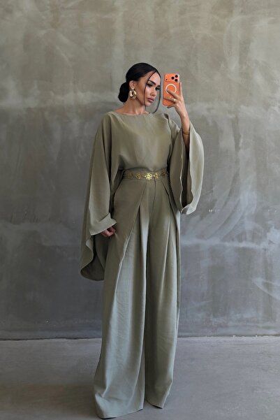 OKSOCOLLECTİON İthal Kumaş Yarasa Kol Bluz Pileli Palazzo Takım