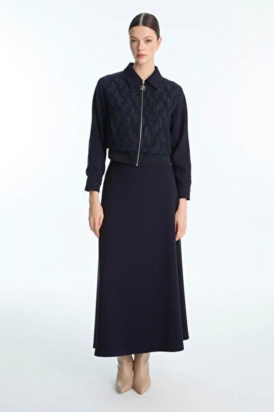 Zühre Desenli Fermuarlı Lacivert Ceket Etek İkili Takım TK-1710