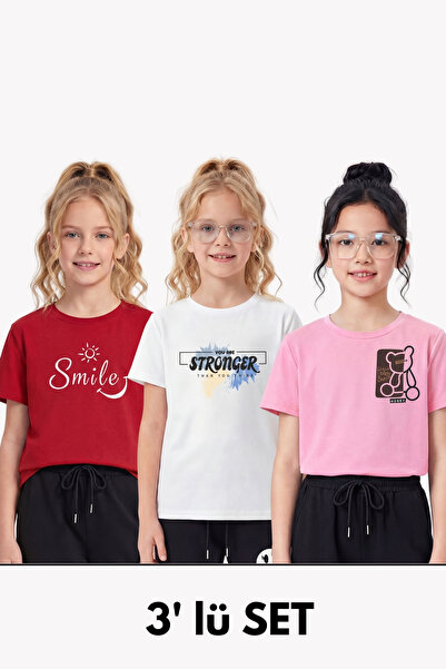 FYK COLLECTİON 3-Piece Round Neck T-Shirt for Girls with Print Detail