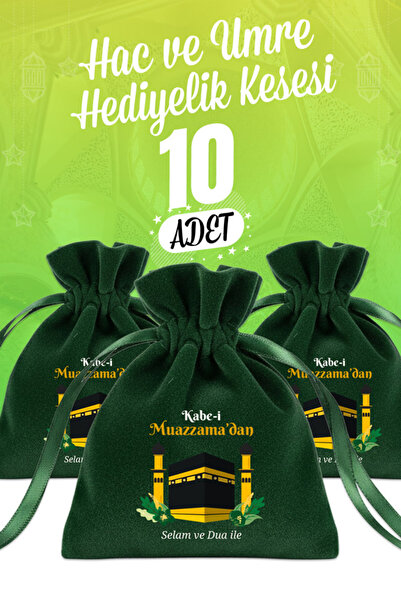 Pamusan Hac ve Umre Hediyelik Kadife Kese Yeşil 10x13 - Kabe-i Muazzama’dan Selam ve Dua ile 10 ADET