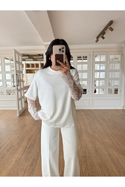 TLG GİYİM Women's Sleeve Tulle Detailed Crew Neck Basic T-Shirt