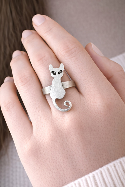 HER ŞEY NOTA www.herseynota.com Adjustable Silver Color Ring with Cat Figure ...