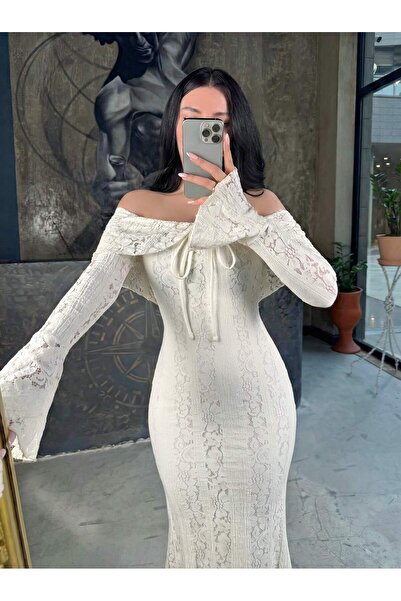 missswans Sofya Madona Yaka Uzun Kol Dantel Midi Boy Elbise Beyaz