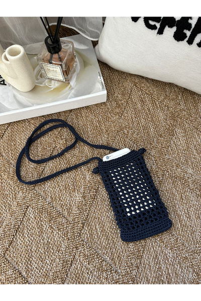 megetasarım El Yapımı Makrome Örgü Askılı Kadın Telefon Çantası – Lacivert Ça...
