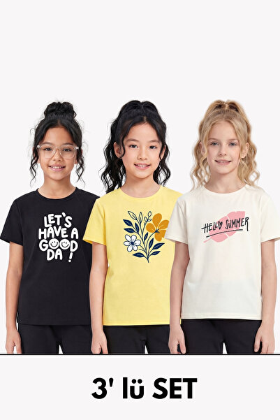 YA KO KİDS 3 τεμάχια κοριτσίστικα μπλουζάκια με λαιμόκοψη ποδηλάτου και λεπτο...