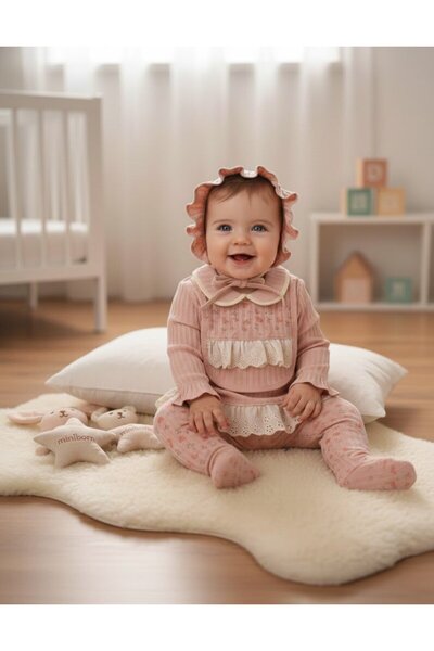 MİNİBORN 100% Cotton Heart Flower Pattern Scalloped Baby Girl Set of Five