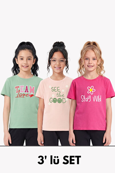 FYK COLLECTİON Σετ 3 κοριτσίστικα μπλουζάκια με στρογγυλή λαιμόκοψη και λεπτο...