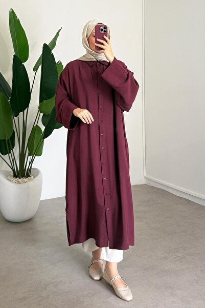 SİNDAL Tensel Uzun Gömlek Elbise - Bordo