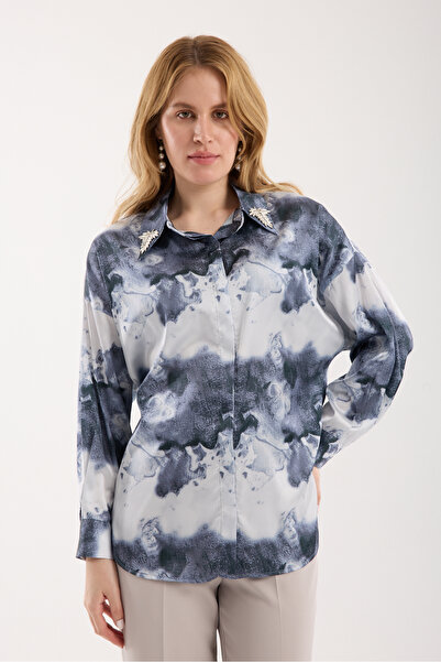 Moda Days Cămașă de damă din satin, antracit, cu guler cu pietre și pliuri as...